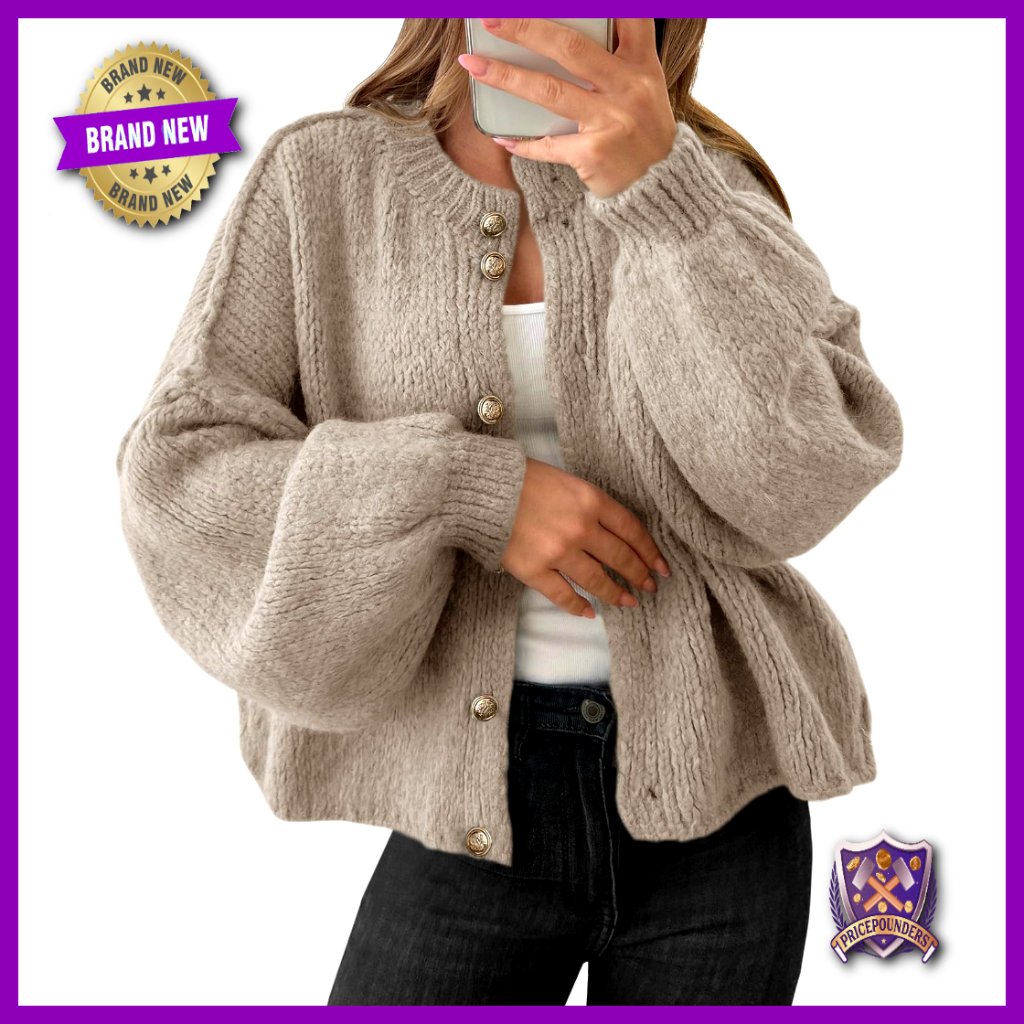 Oversized Chunky Knit Cardigan With Lantern Sleeves, Button Up